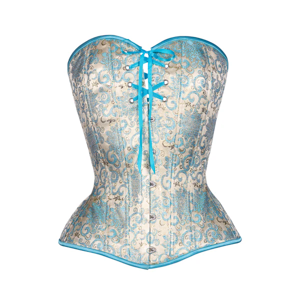 Blue Brocade Overbust Corset Hourglass Silhouette waists-trainer.com