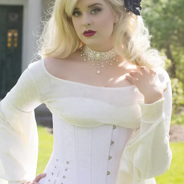 White Floral Brocade Corset Slim Silhouette Long