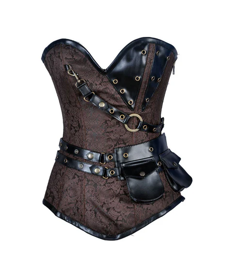 Brown Brocade Overbust Corset with Pockets