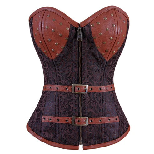 Zipper Steampunk Overbust Corset Coffee Black