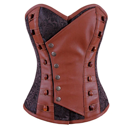 Leather Front Steampunk Overbust Corset Coffee Black