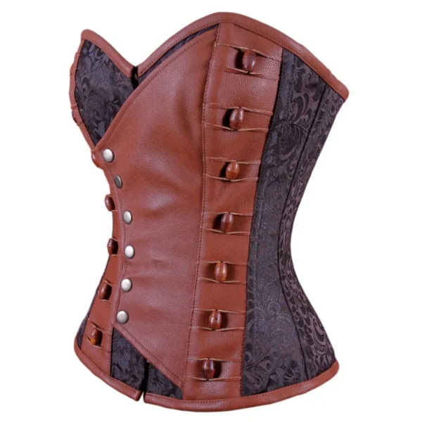 Leather Front Steampunk Overbust Corset Coffee Black