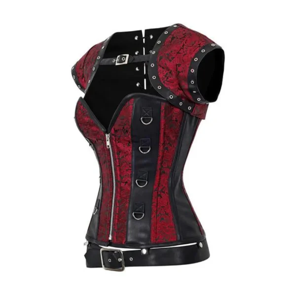 Red Brocade & Black Faux Leather Gothic Overbust Corset