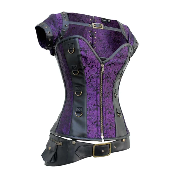 Purple Brocade & Black Faux Leather Gothic Overbust Corset