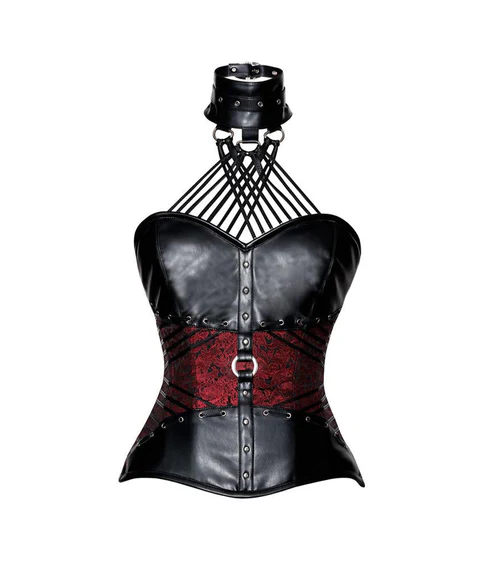 Red Brocade & Black Leather Halter Neck Overbust Corset