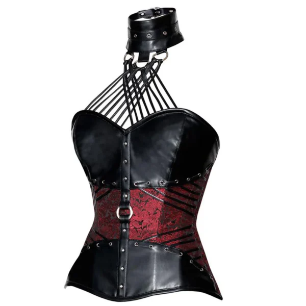 Red Brocade & Black Leather Halter Neck Overbust Corset