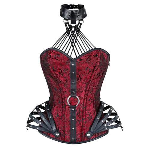 Red Brocade & Faux Leather Halter Neck Corset