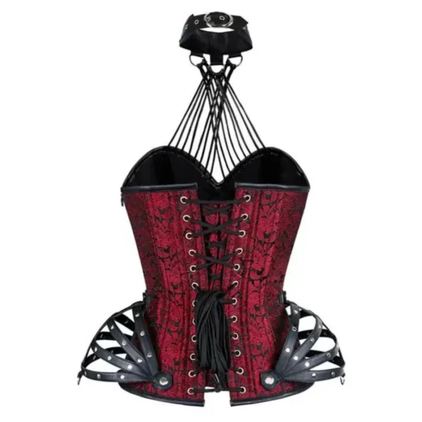 Red Brocade & Faux Leather Halter Neck Corset