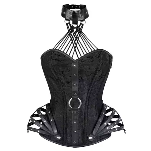 Black Brocade and Black Leather Halter Neck Overbust Corset