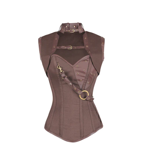 Brown Cotton and Leather Overbust Corset