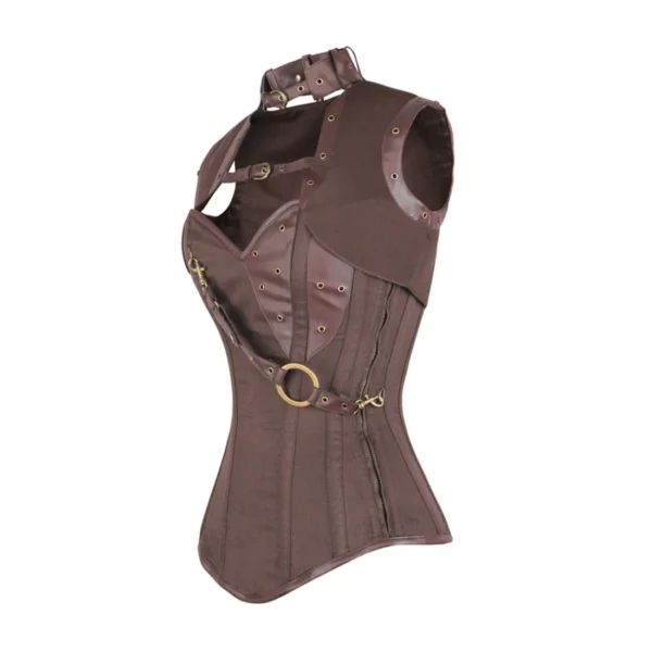Brown Cotton and Leather Overbust Corset
