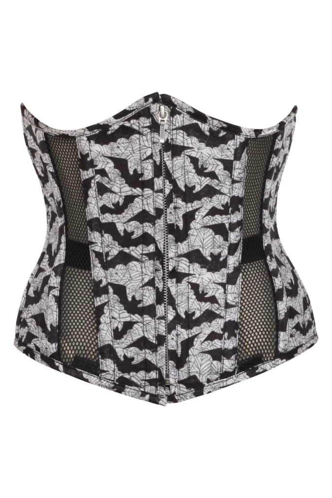 Gothic Mesh Panelled Waist Trainer Corset with Bat Print