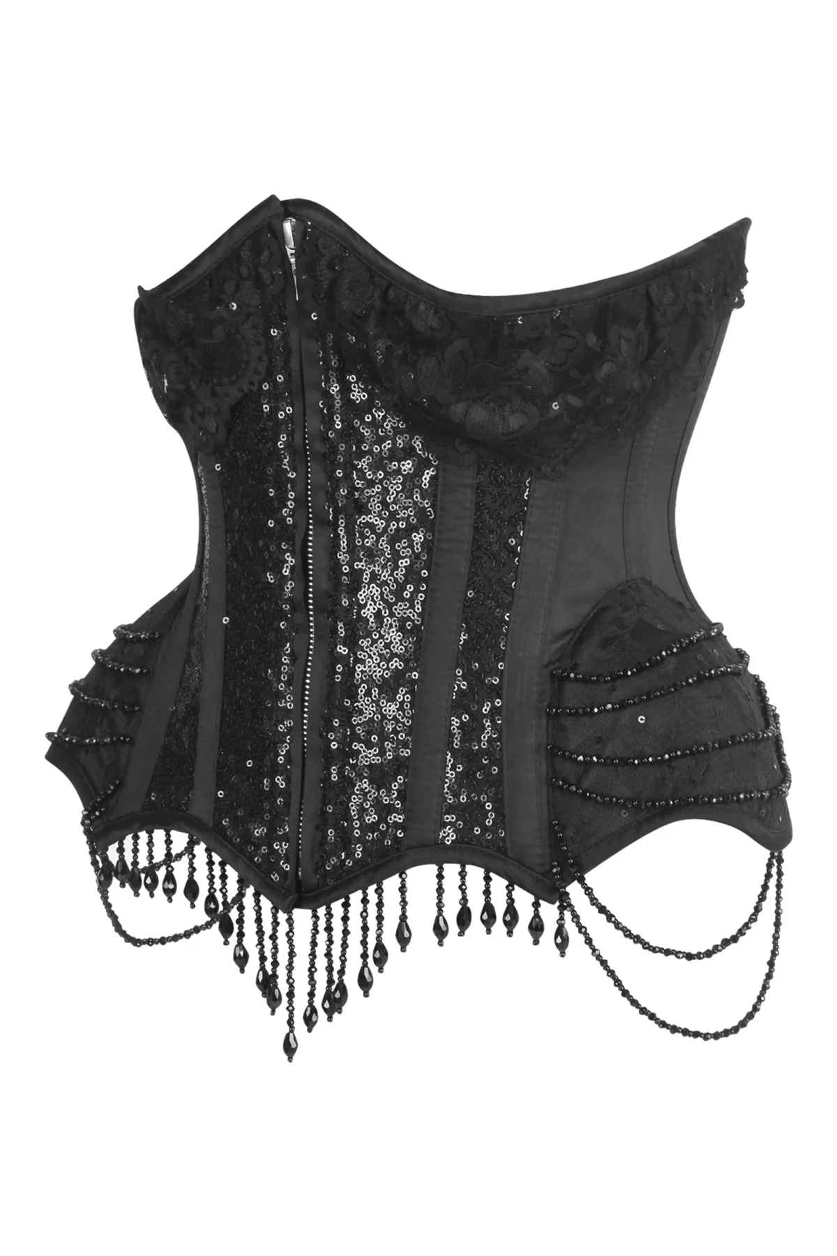 Gothic Black Sequin Corset with Beaded Chains