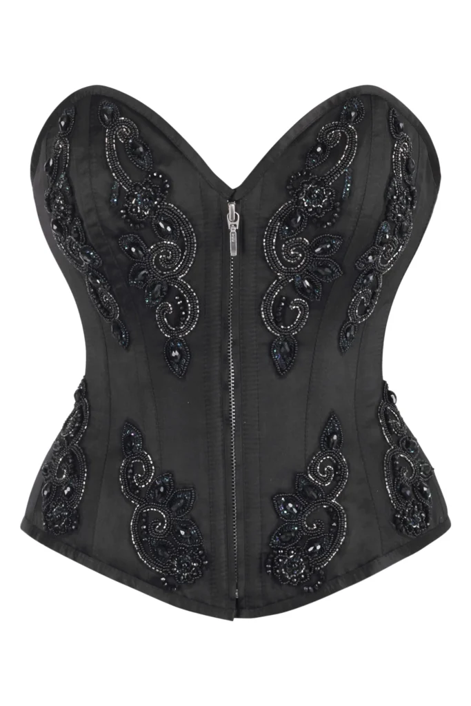 Black Satin Beaded Gothic Zip Overbust Corset Bustier