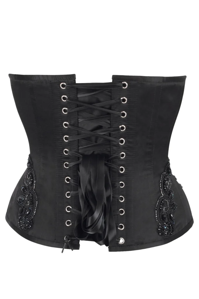 Black Satin Beaded Gothic Zip Overbust Corset Bustier
