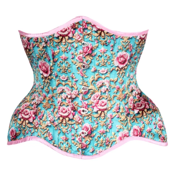 Turquoise & Pink Rococo Rose Underbust Curvy Corset