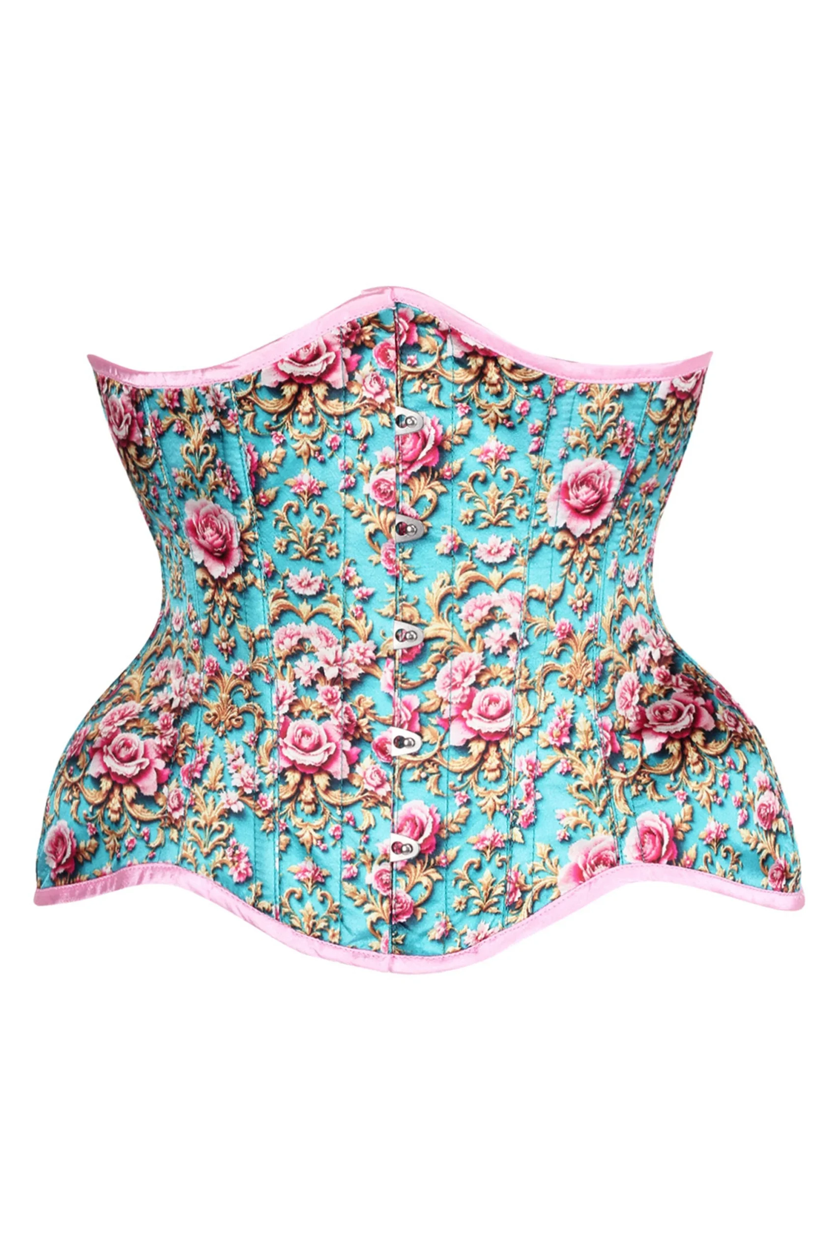 Turquoise & Pink Rococo Rose Underbust Curvy Corset Turquoise & Pink Rococo Rose Underbust Curvy Corset