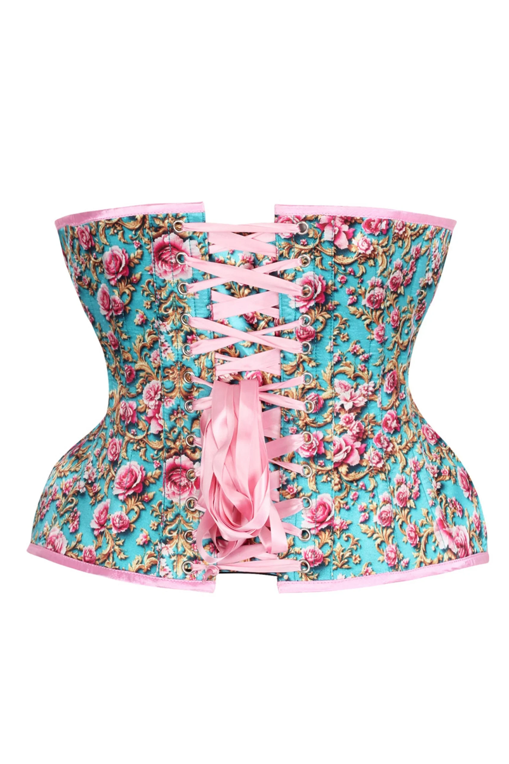 Turquoise & Pink Rococo Rose Underbust Curvy Corset Turquoise & Pink Rococo Rose Underbust Curvy Corset