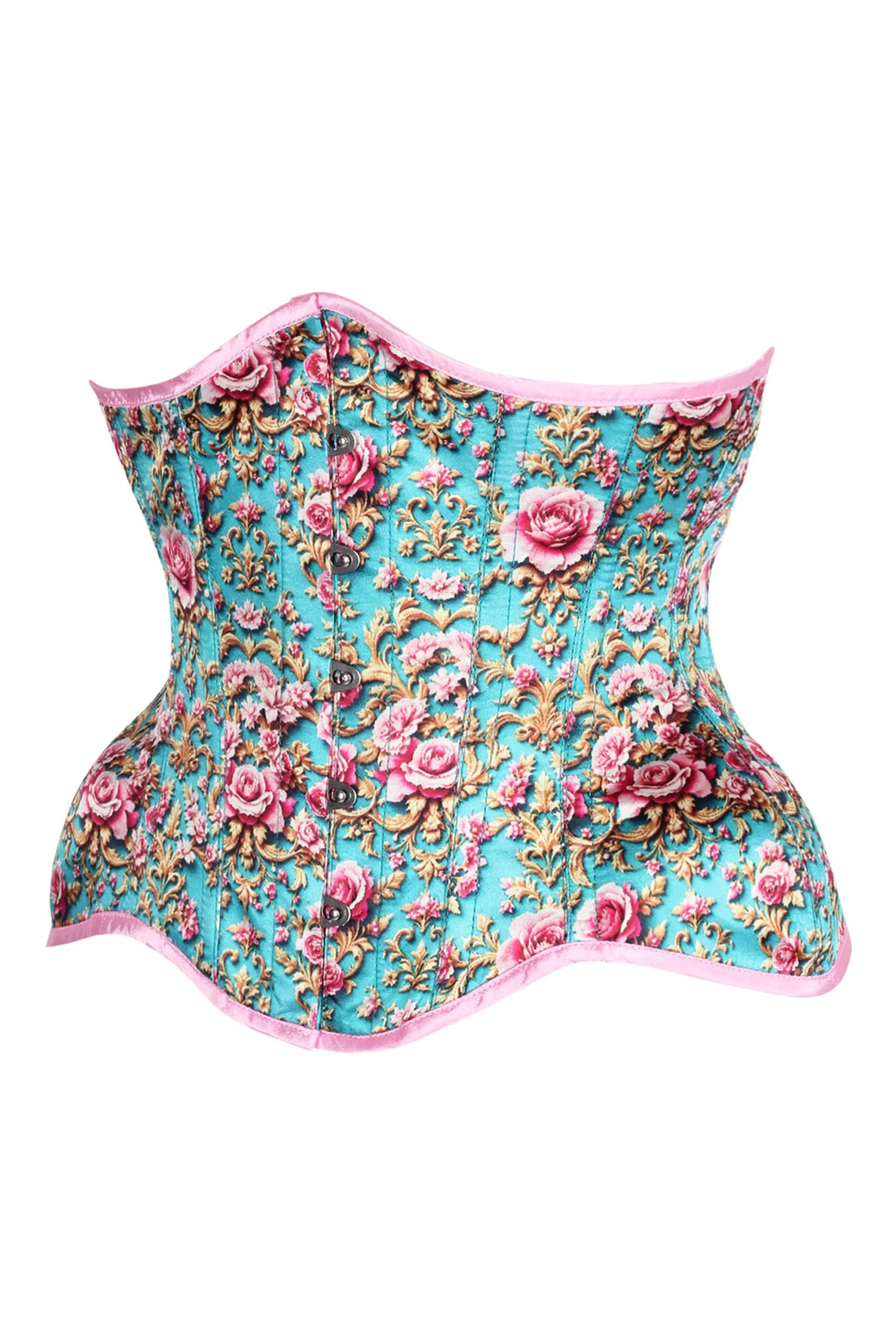 Turquoise & Pink Rococo Rose Underbust Curvy Corset Turquoise & Pink Rococo Rose Underbust Curvy Corset