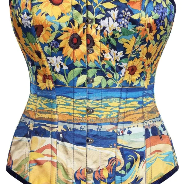 Sunflower Landscape Print Overbust Satin Corset