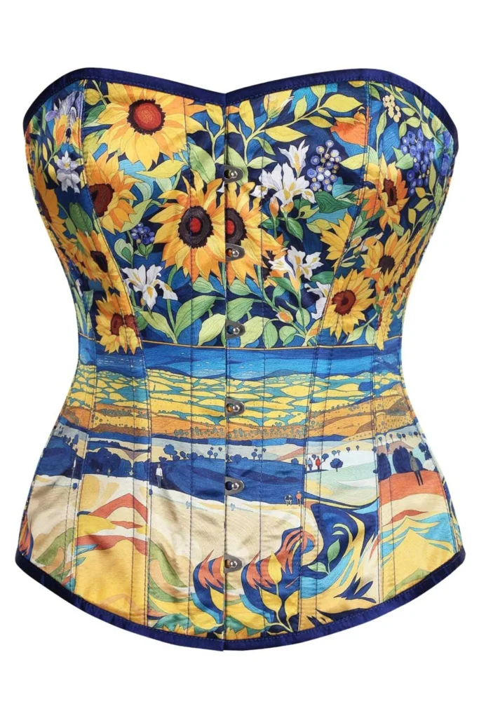 Sunflower Landscape Print Overbust Satin Corset