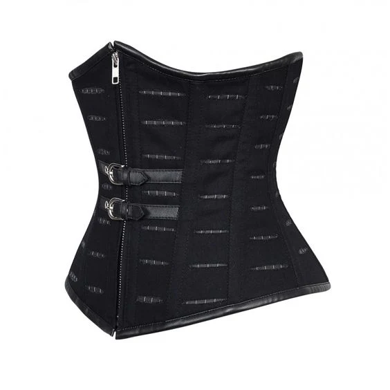 Black Cotton Underbust Waist Trainer Corset With Zipper Front