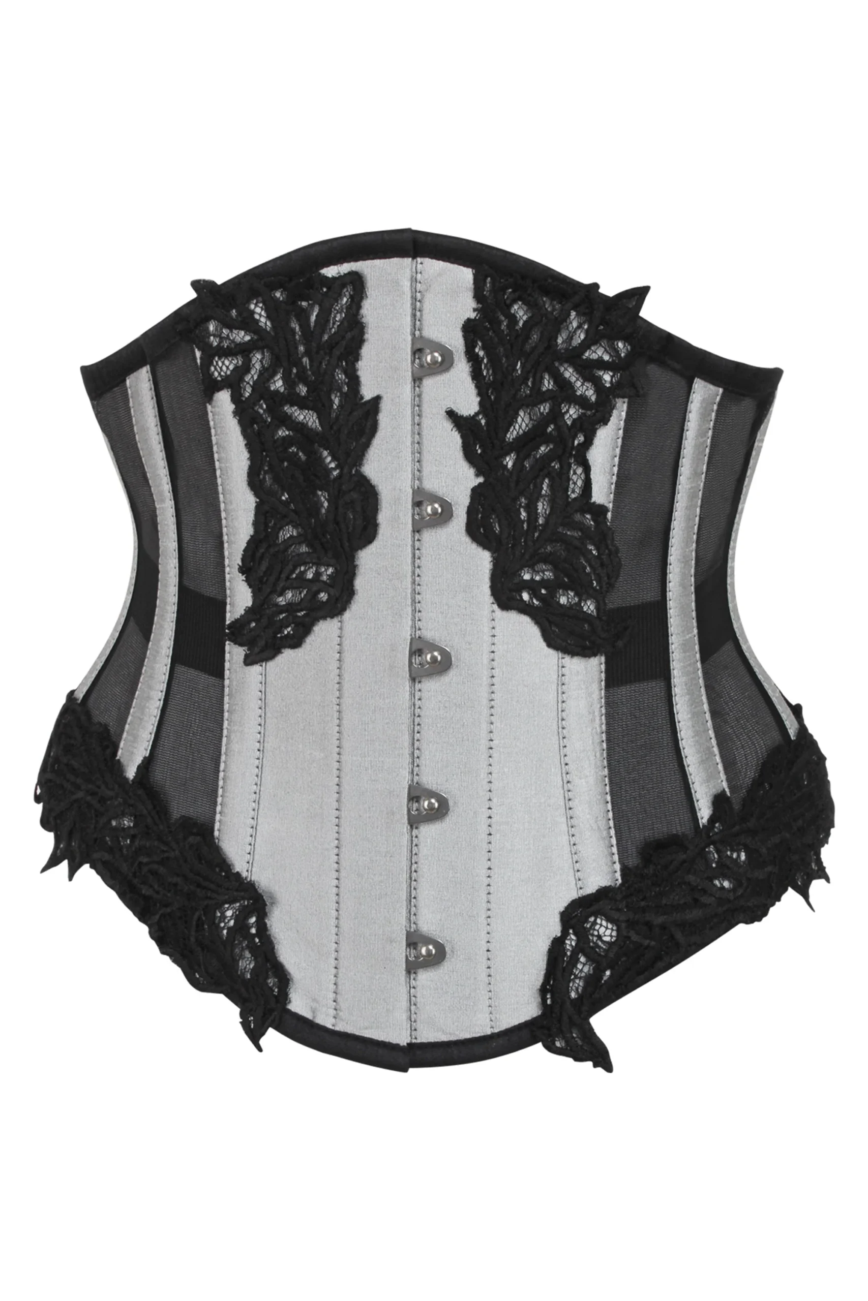 Silver Underbust Waspie Corset with Black Mesh Panels Silver Underbust Waspie Corset with Black Mesh Panels
