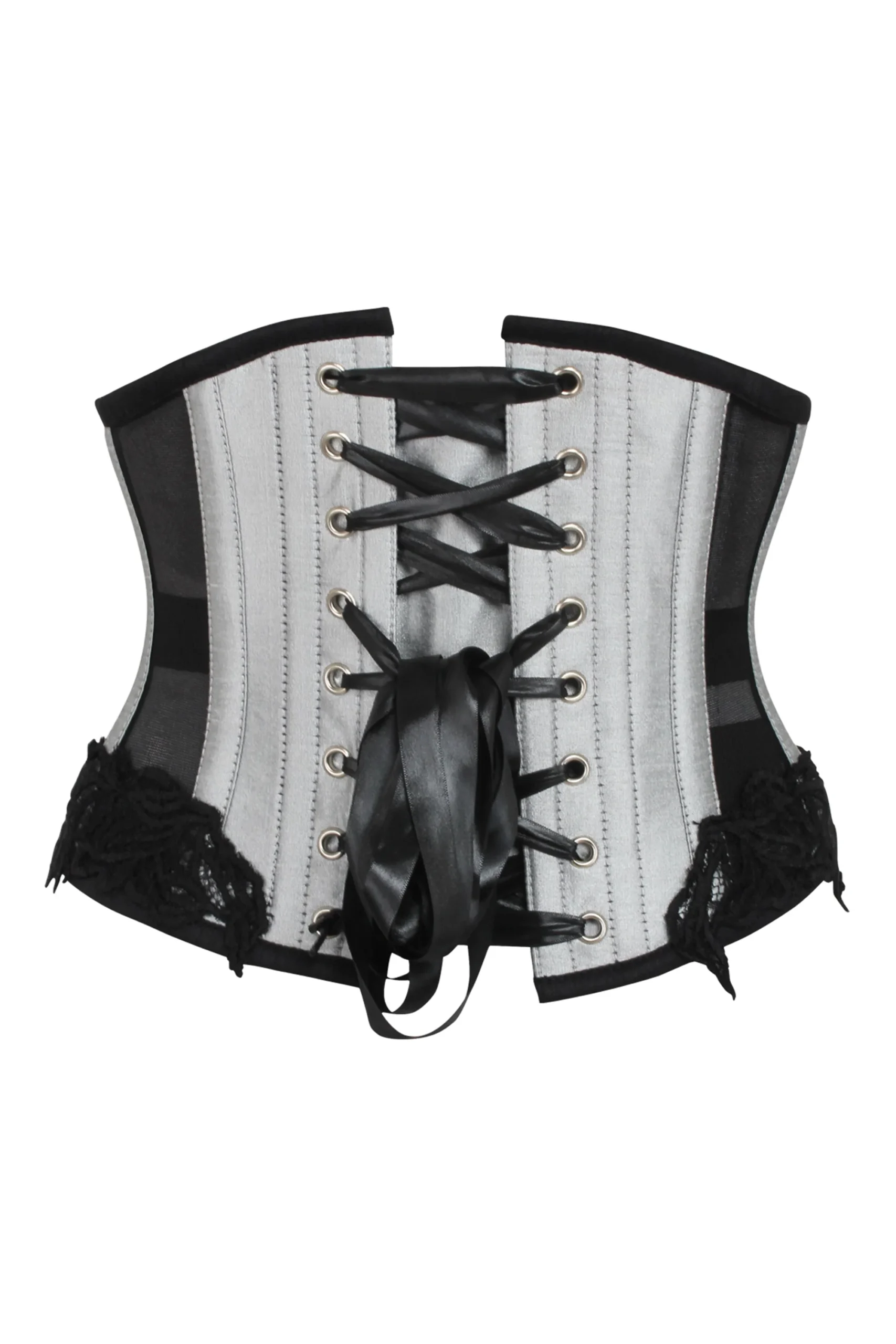 Silver Underbust Waspie Corset with Black Mesh Panels Silver Underbust Waspie Corset with Black Mesh Panels