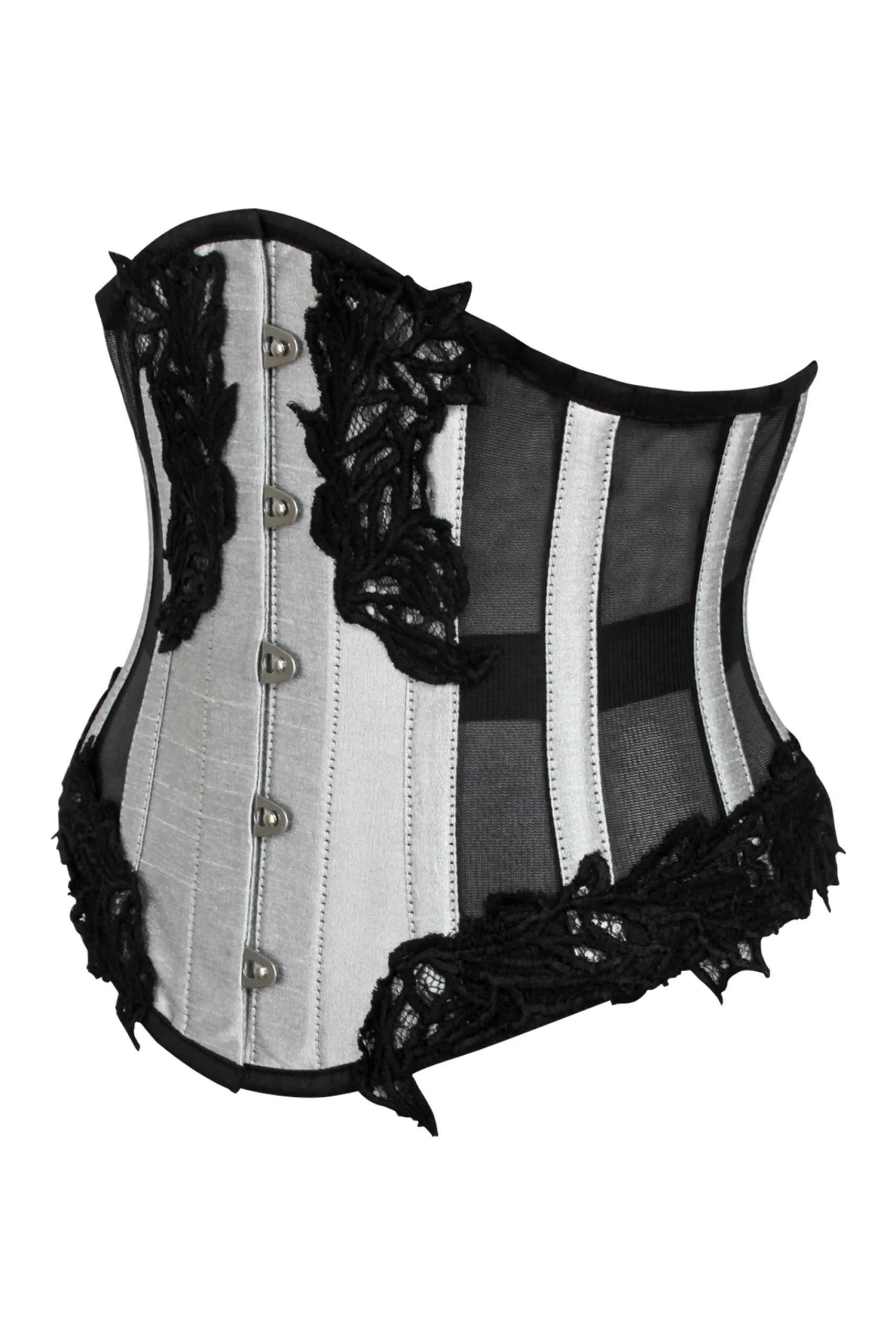Silver Underbust Waspie Corset with Black Mesh Panels Silver Underbust Waspie Corset with Black Mesh Panels