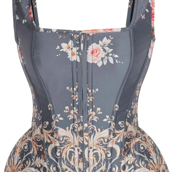 Vintage Blue Floral Overbust Corset with Shoulder Straps