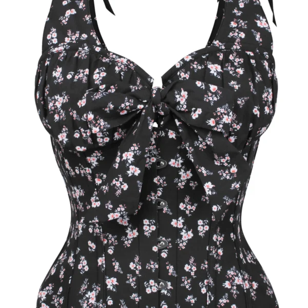 Dark Ditsy Floral Corset Top with Bow Detail