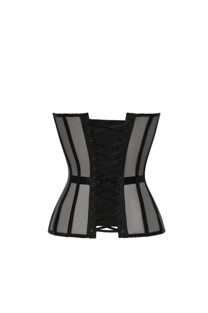 Black Satin Overbust Corset Top with Transparent Front