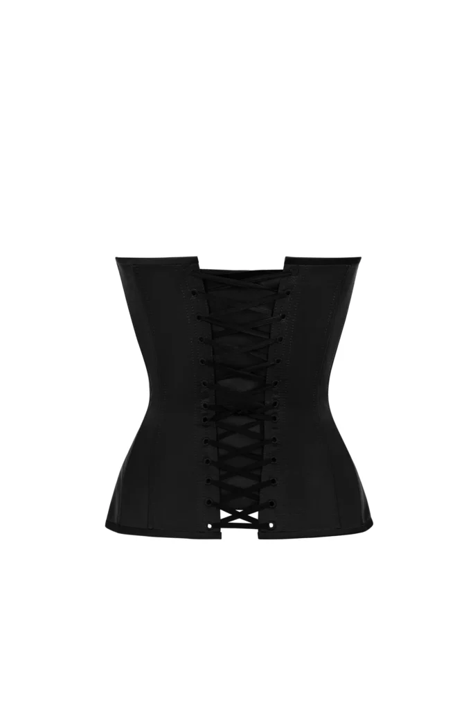 Black satin Corset Top With Transparent Beige Front