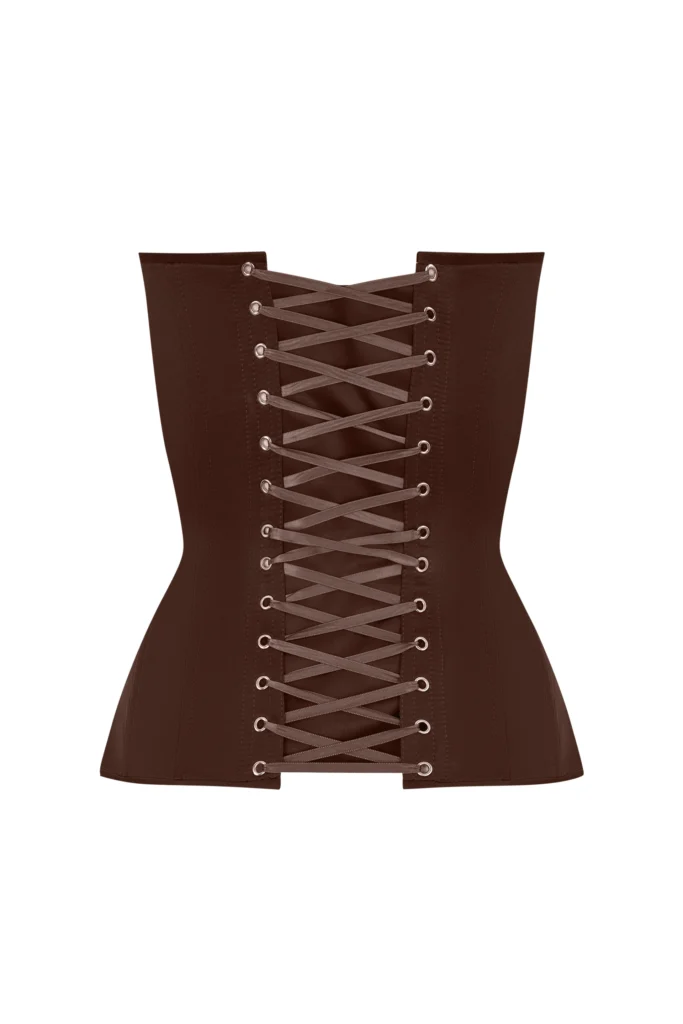 Brown Satin Corset Top with Transparent Front and Milk Reliefs