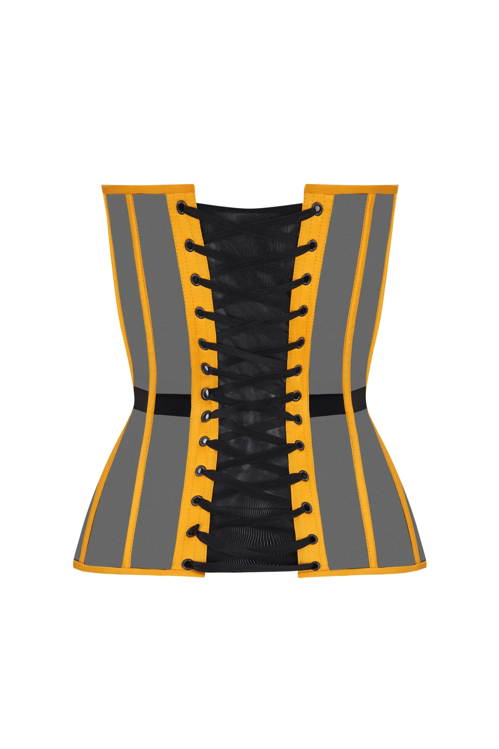Yellow Overbust Satin Corset Top with Black Mesh Front Yellow Overbust Satin Corset Top with Black Mesh Front