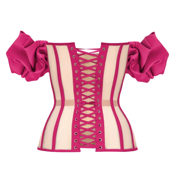 Hot Pink Satin Bustier Corset with Transparent Back and Sleeves