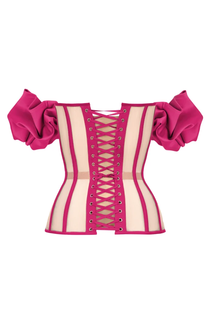 Hot Pink Satin Bustier Corset with Transparent Back and Sleeves