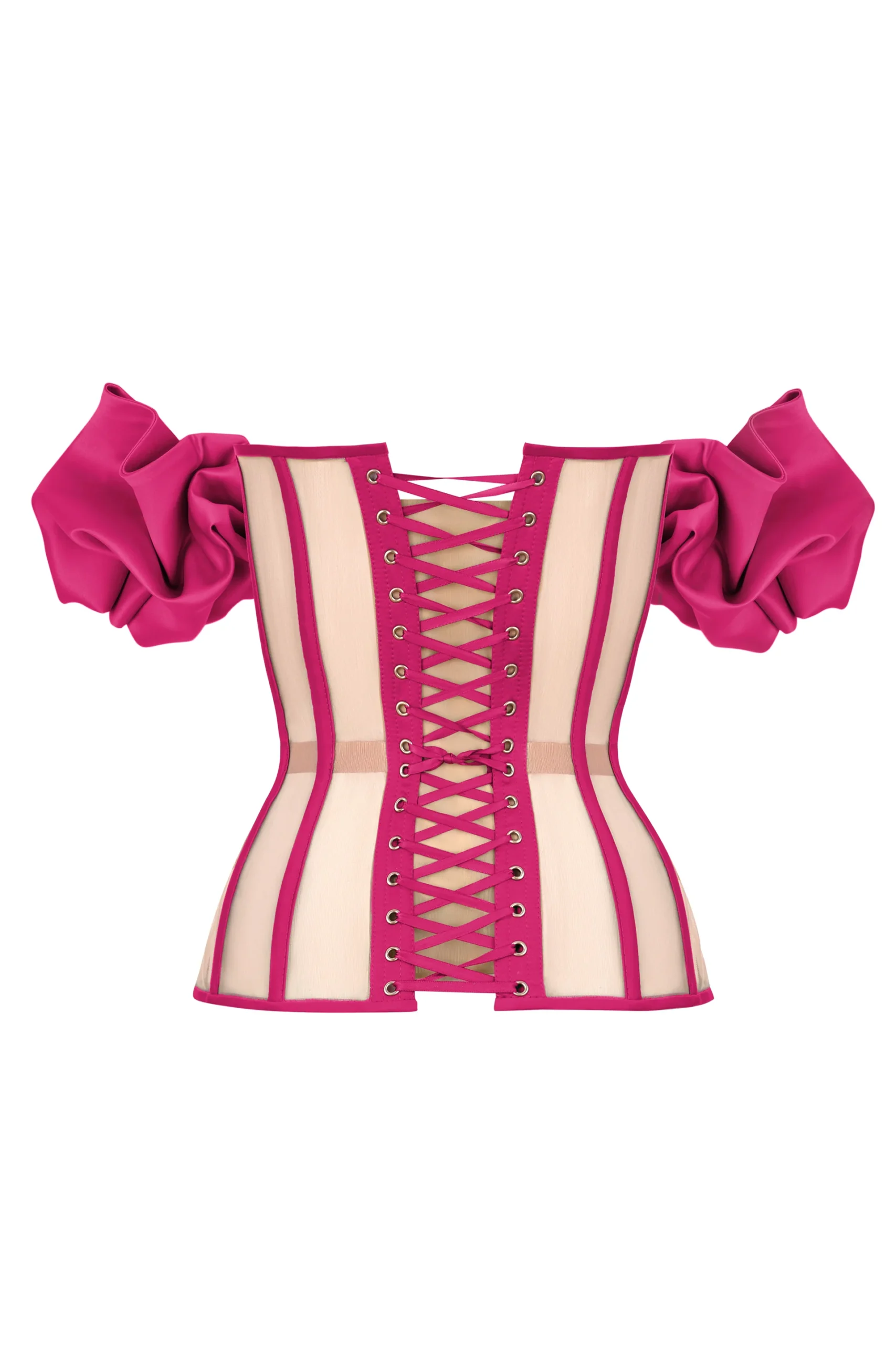 Hot Pink Satin Bustier Corset with Transparent Back and Sleeves Hot Pink Satin Bustier Corset with Transparent Back and Sleeves