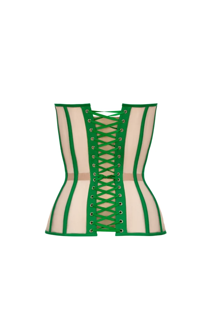Green Corset with Mesh Reliefs and Satin Cups
