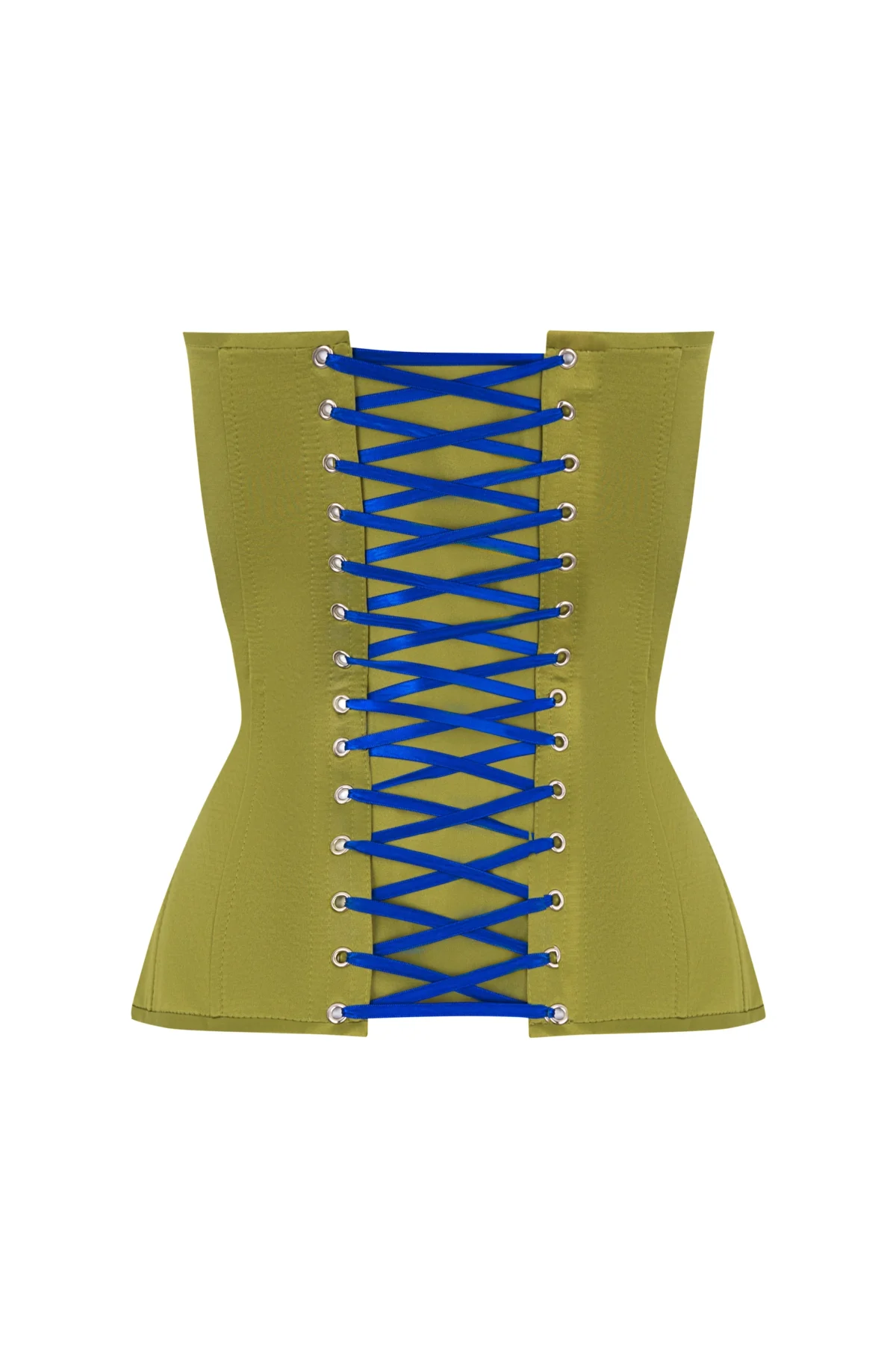 Olive Satin Corset with Transparent Front and Blue Reliefs