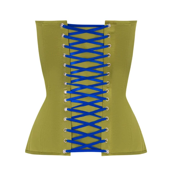 Olive Satin Corset with Transparent Front and Blue Reliefs