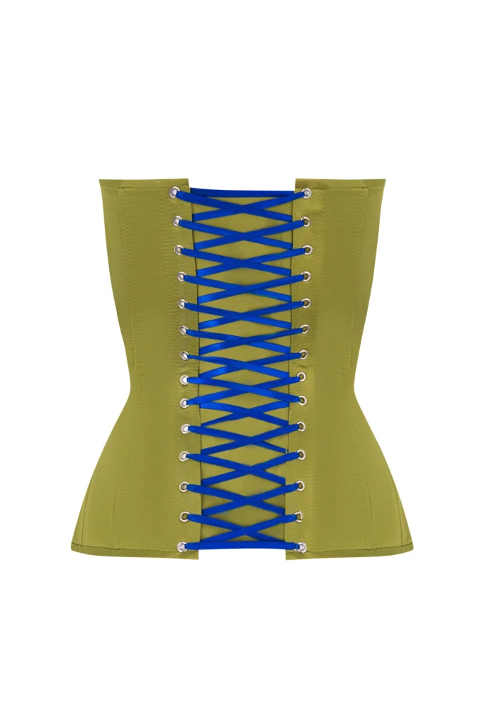 Olive Satin Corset with Transparent Front and Blue Reliefs