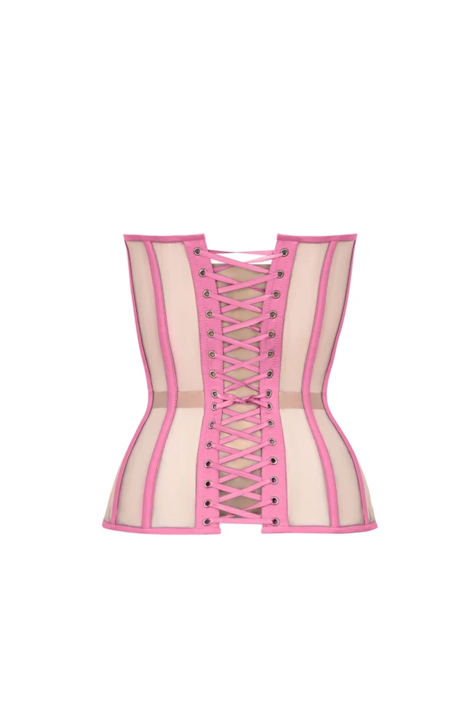 Pink Mesh Overbust Corset with Reliefs and Satin Cups