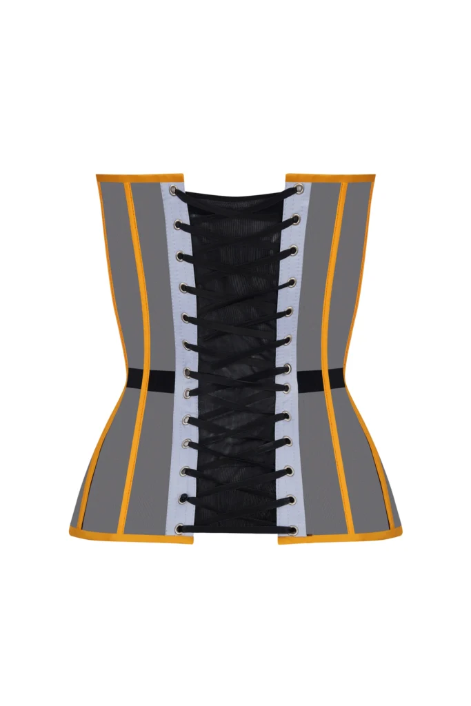 Black Satin Corset Top with Yellow and Blue Cups