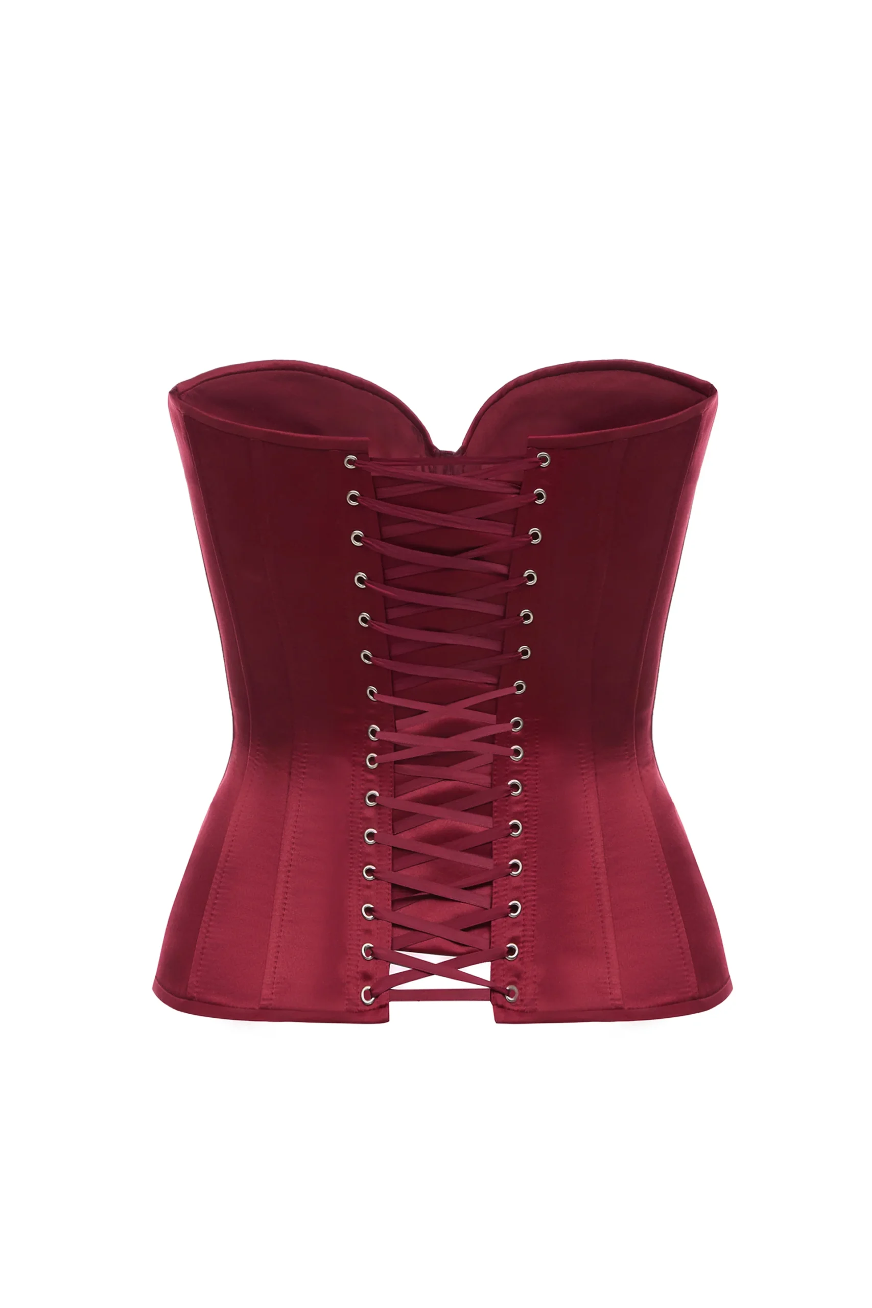 Burgundy Overbust Satin Corset Top with Transparent Mesh Front Burgundy Overbust Satin Corset Top with Transparent Mesh Front