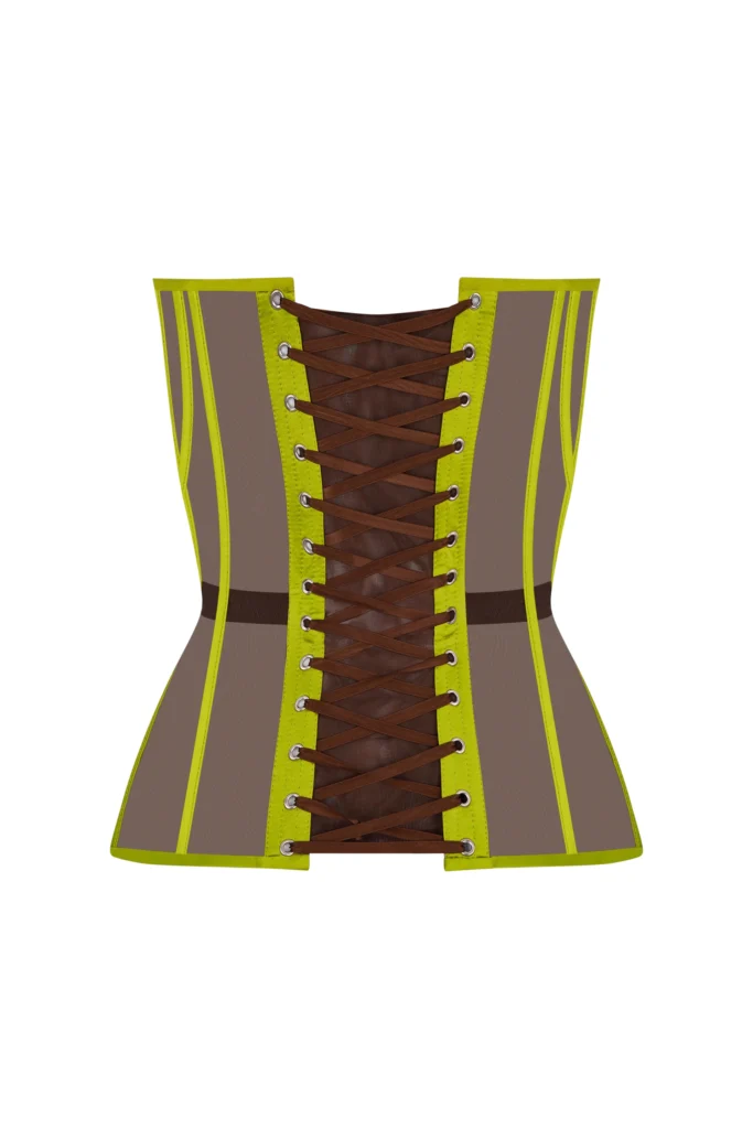 Brown Overbust Satin Corset Top with Olive Reliefs