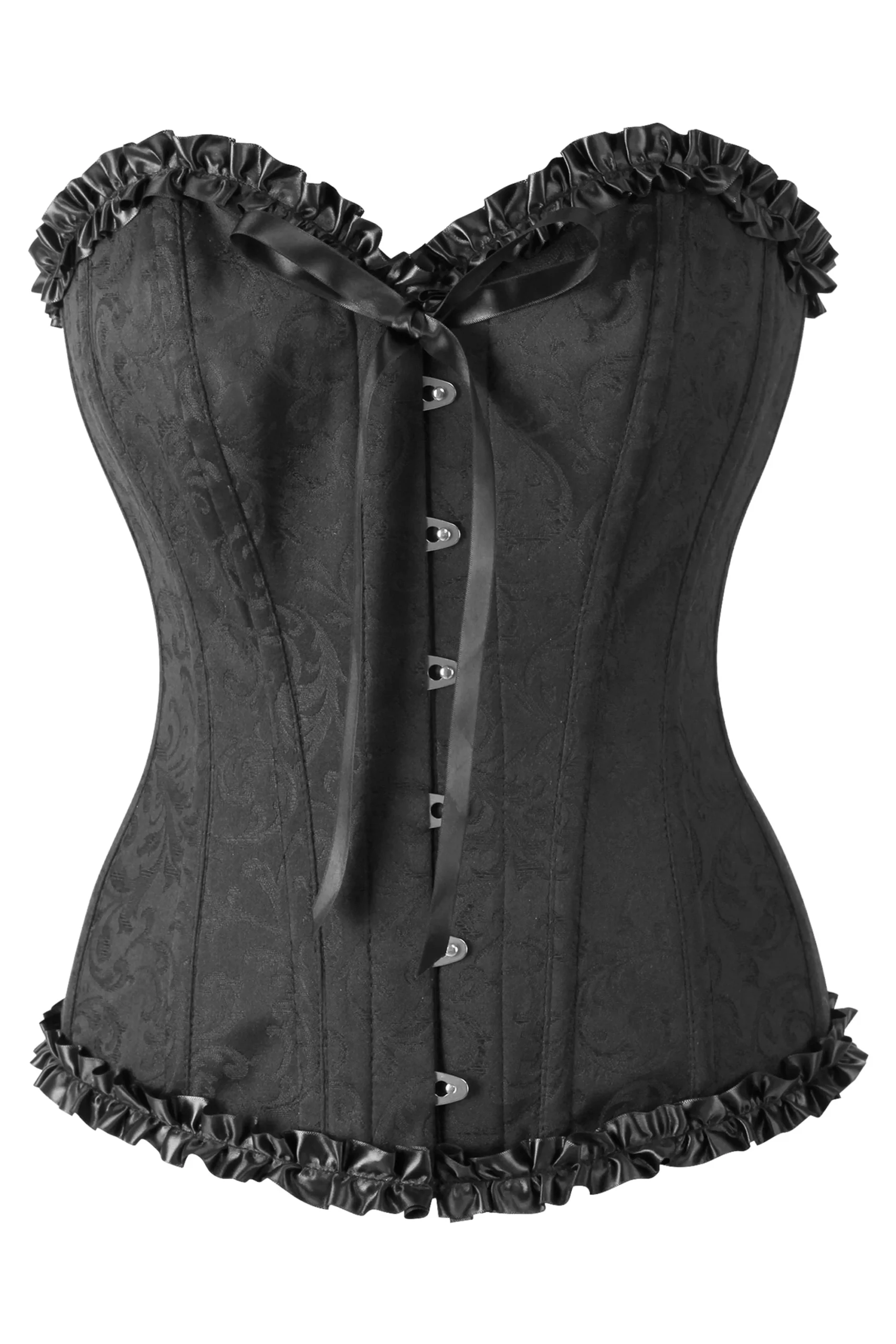 Black Brocade Sweetheart Gothic Corset With Ruffle Trim Black Brocade Sweetheart Gothic Corset With Ruffle Trim