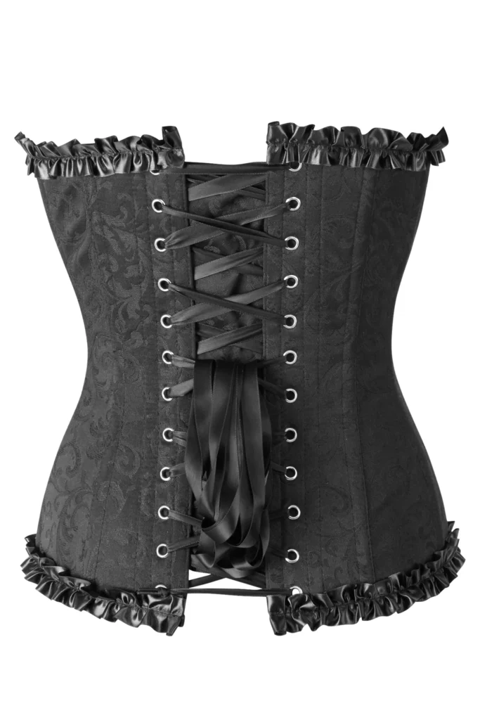 Black Brocade Sweetheart Gothic Corset With Ruffle Trim
