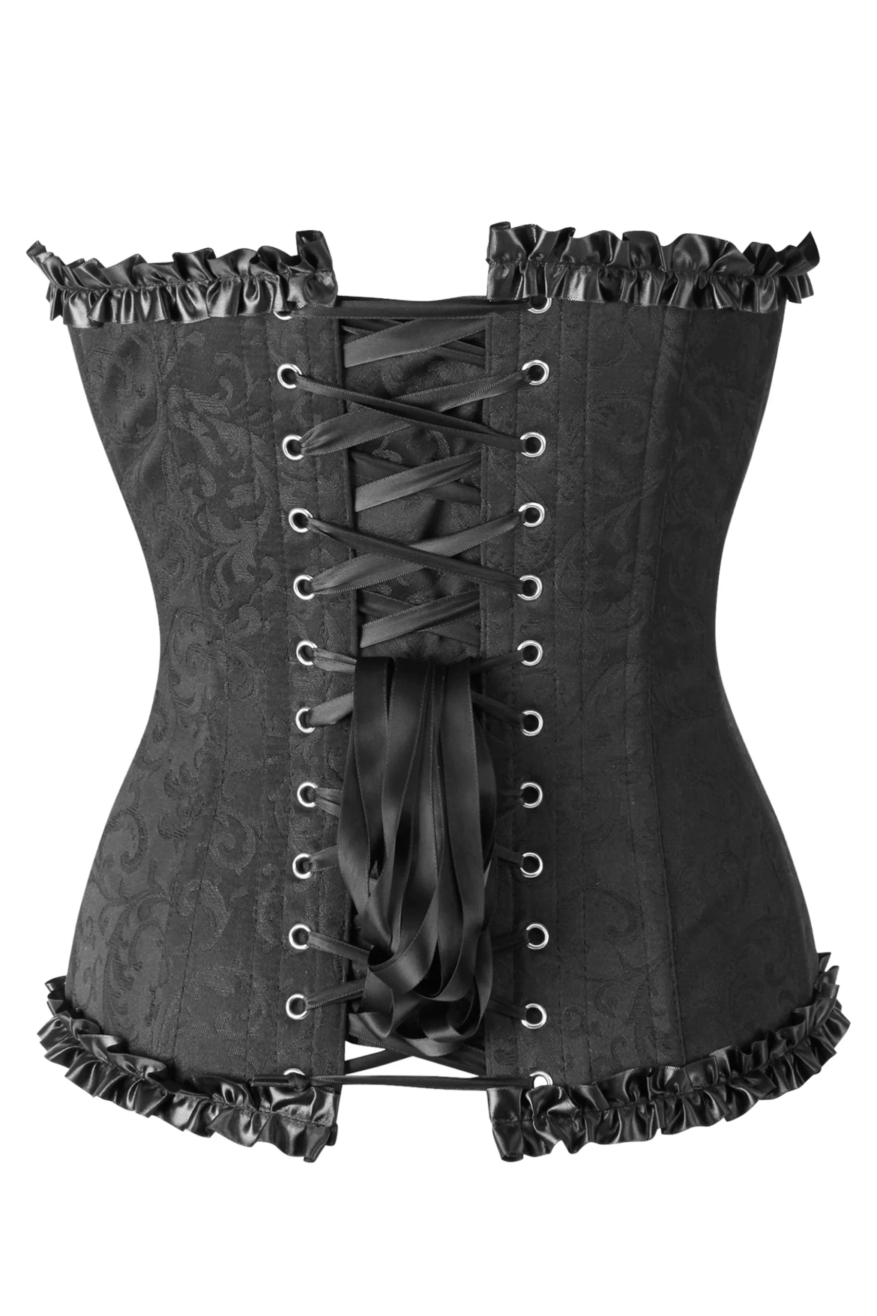 Black Brocade Sweetheart Gothic Corset With Ruffle Trim Black Brocade Sweetheart Gothic Corset With Ruffle Trim