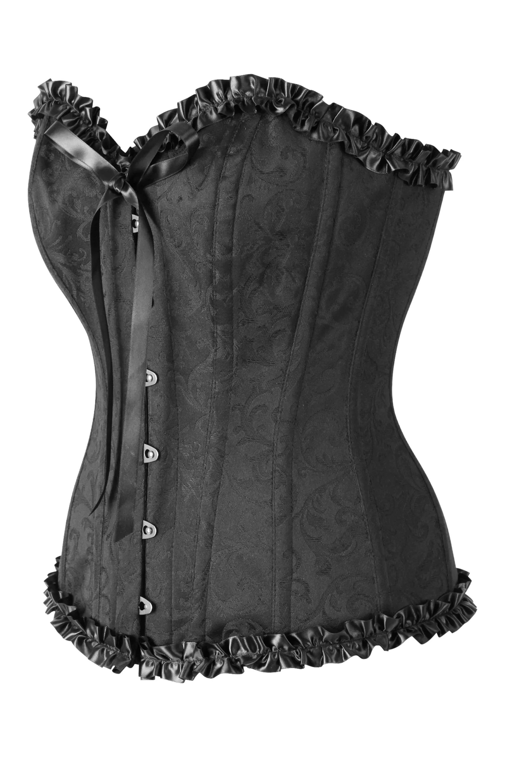 Black Brocade Sweetheart Gothic Corset With Ruffle Trim Black Brocade Sweetheart Gothic Corset With Ruffle Trim